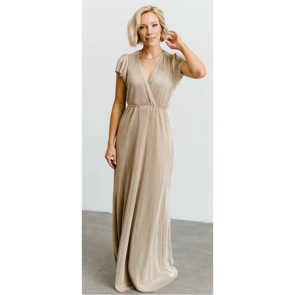 See And Be Seen Metallic Pleat Maxi Dress Womens Small Short Sleeve Gown Gold - Picture 1 of 13
